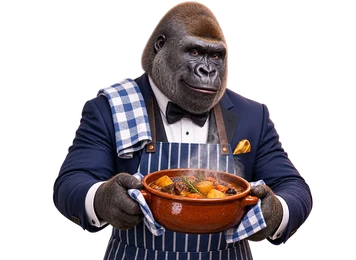 Don Goro sacando una cazuela de barro de una cocina de leña